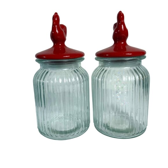 Rustic Red Rooster Glass Jars Set of 2 Ribbed Airtight Lid Farmhouse Kitchen VTG - Picture 3 of 14